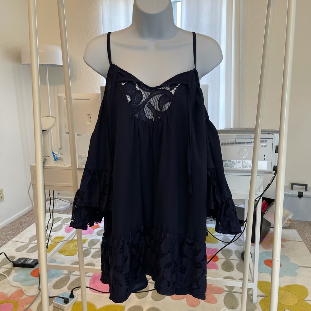Tularosa XS off shoulder sleeves lace blue dress
